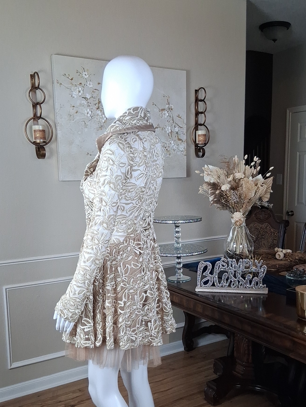 Women's Ivory And Tand Floral Lace Fit-and-Flare Coat Dress Tulle Trim Small - Picture 9 of 16